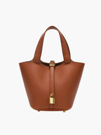 Vegan Leather Bucket Bag with Gold Lock – Structured Handbag