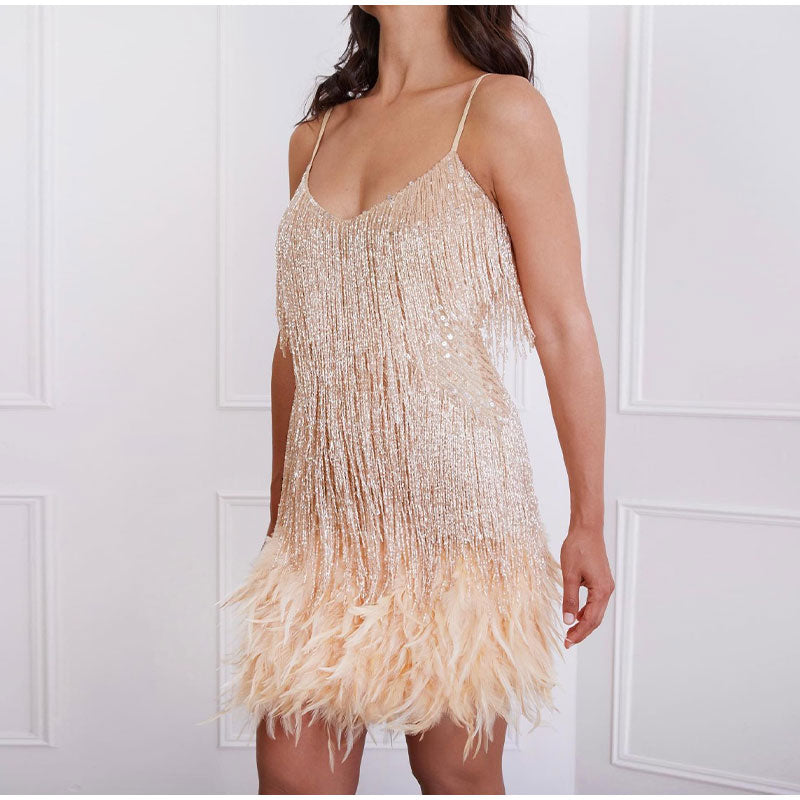 Sequin Cocktail Dress with Fringe & Feather Trim – Party Dance Dress
