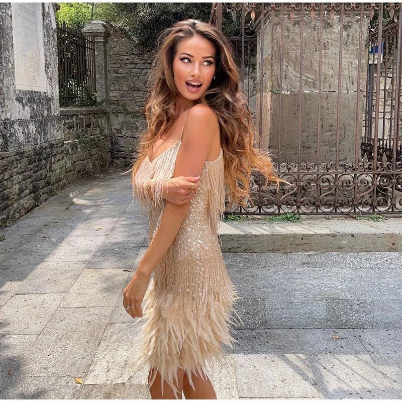 Sequin Cocktail Dress with Fringe & Feather Trim – Party Dance Dress