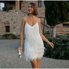 Sequin Cocktail Dress with Fringe & Feather Trim – Party Dance Dress