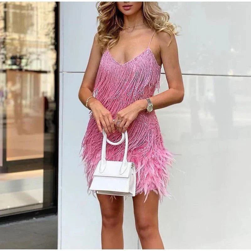 Sequin Cocktail Dress with Fringe & Feather Trim – Party Dance Dress