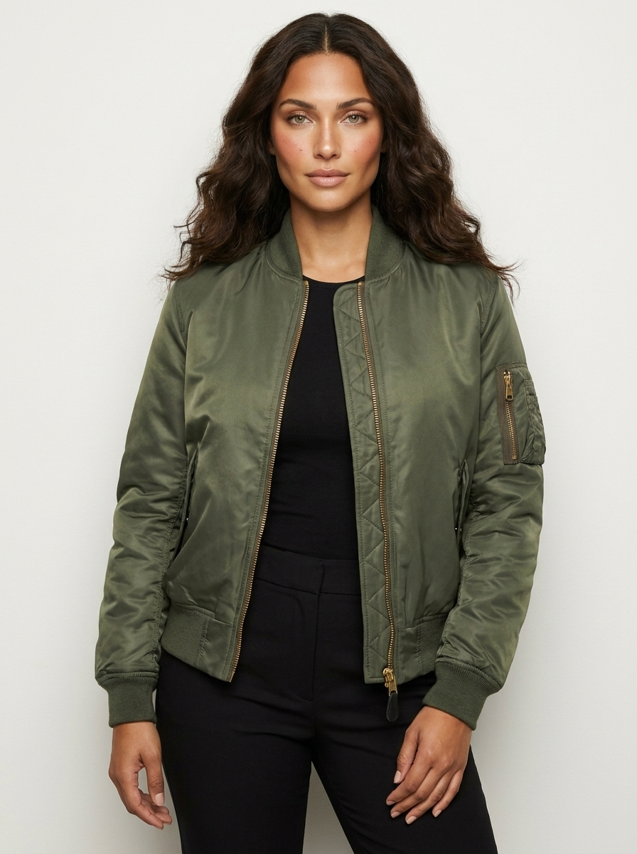Satin Bomber Jacket – Women's Classic MA-1 Zip-Up Jacket with Utility Pocket