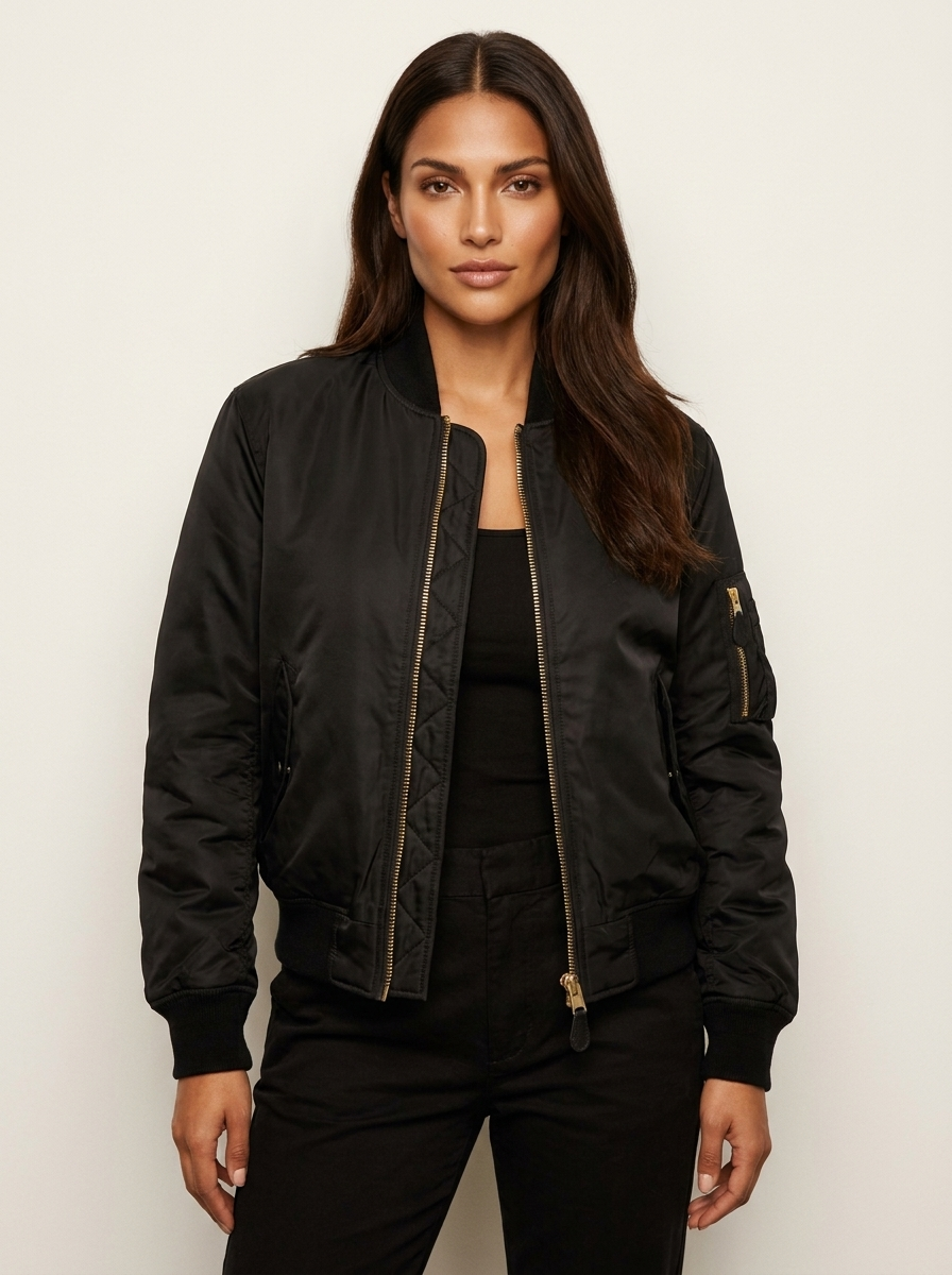 Satin Bomber Jacket – Women's Classic MA-1 Zip-Up Jacket with Utility Pocket