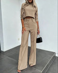 Women's Elegant Cropped Three Quarter Sleeve Top and High Waisted Wide Leg