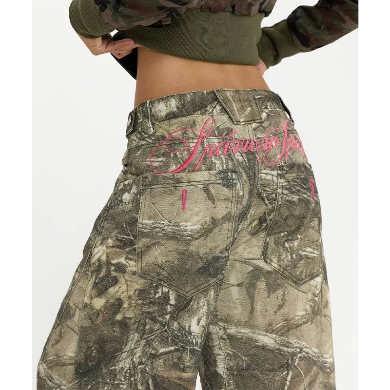 Camo Wide Leg Jeans with Pink Embroidery – Statement Streetwear Jeans