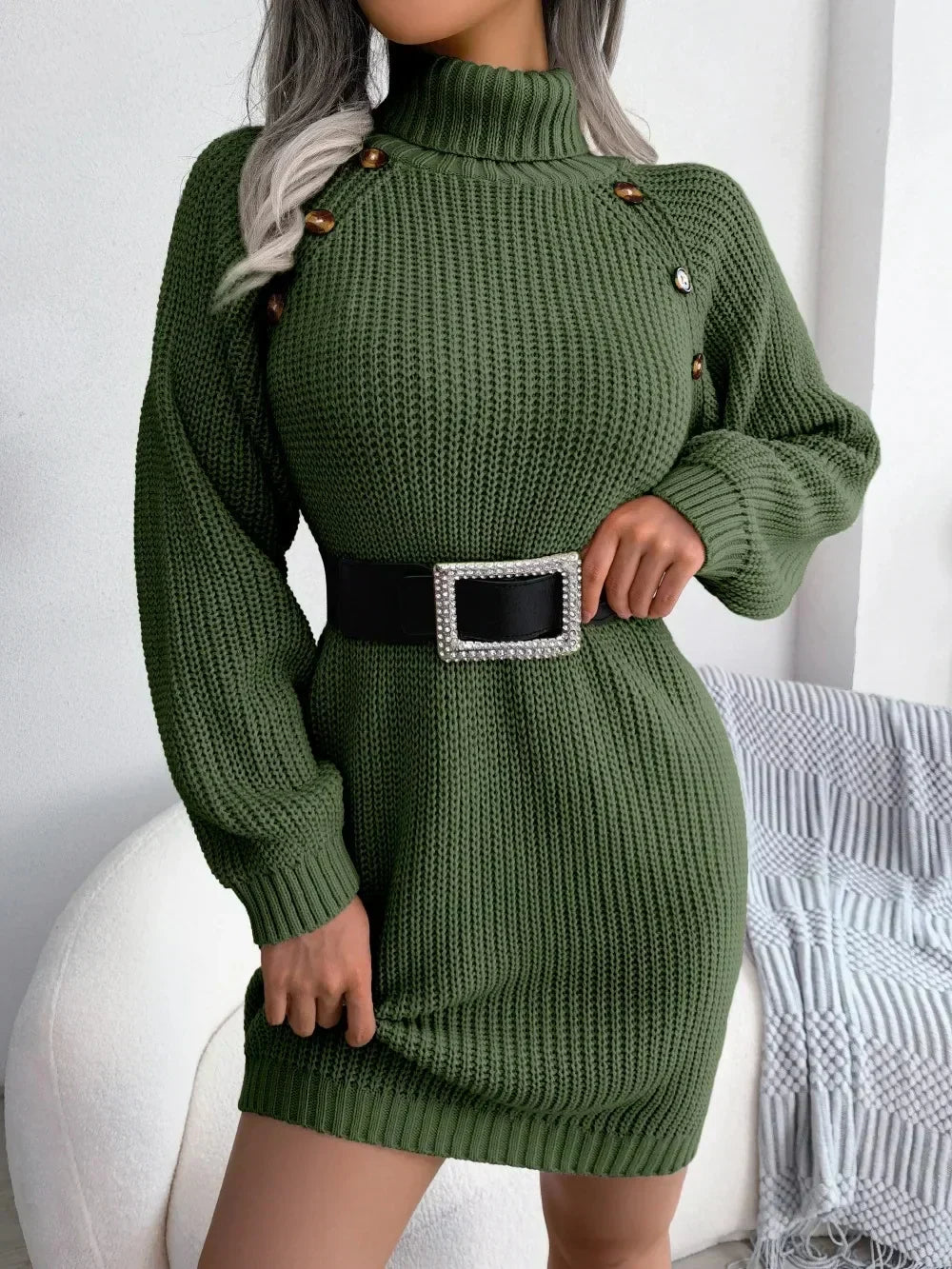 Women's Ribbed Knitted Sweater Dress with Roll Neck and Decorative