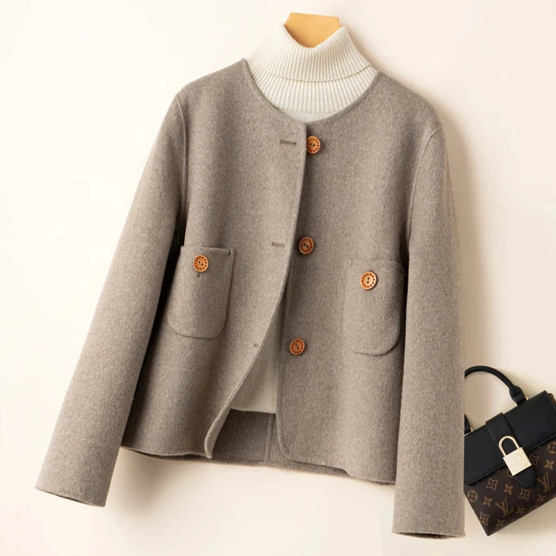 Women's Elegant Cropped Wool Blend Jacket with Round Neck and Button Front