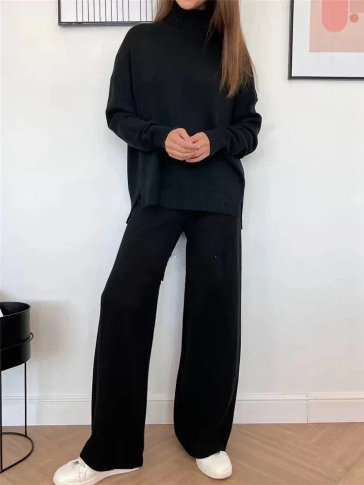 Women's High-Neck Knit Co-Ord Set – Relaxed Longline Pullover