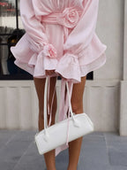 Light Pink Mini Dress with Rose Waist Detail & Flowing Sleeves