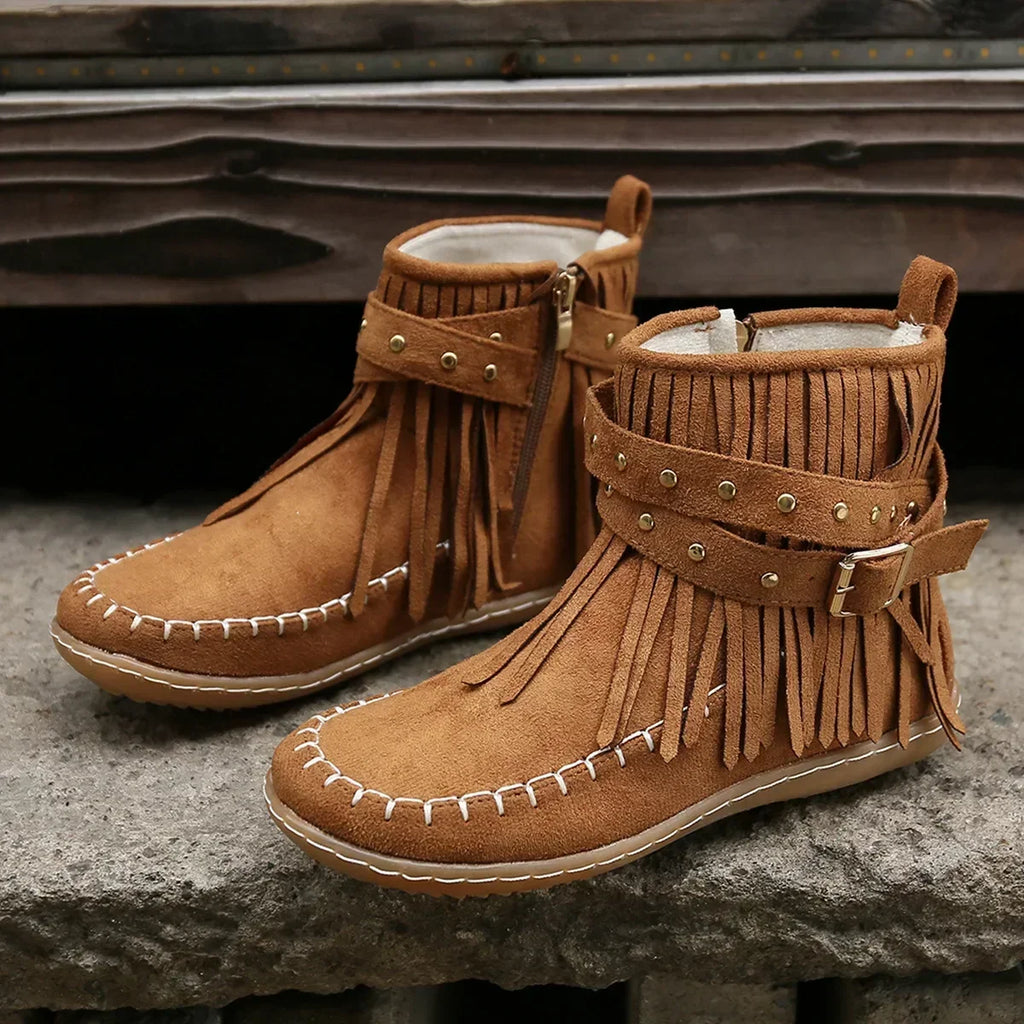 Suede Look Ankle Boots with Fringe & Studs – Western Boho Boots