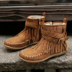 Suede Look Ankle Boots with Fringe & Studs – Western Boho Boots