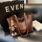 Vintage Style Vegan Leather Tote – Women's Shoulder Bag with Charm