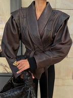 Women's Belted leather-look Jacket with Wrap Front and Structured Shoulders