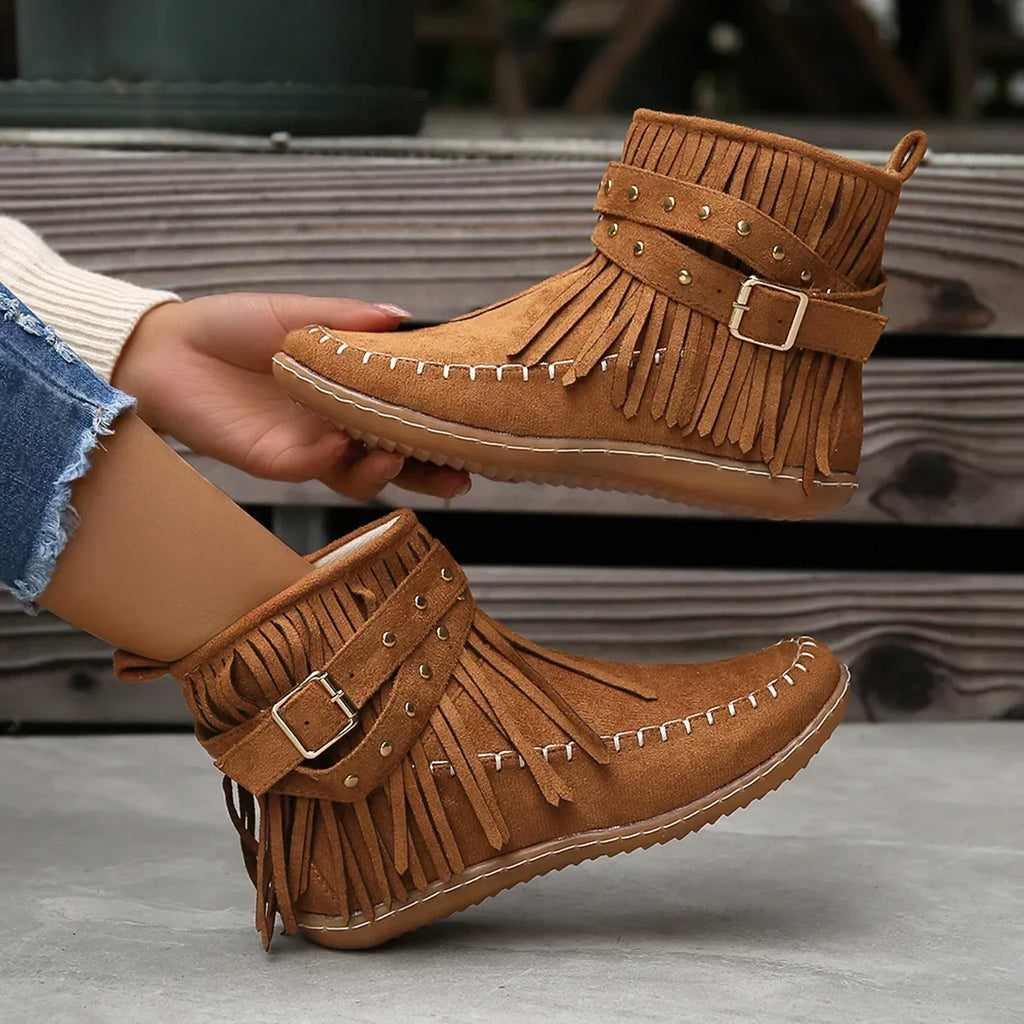 Suede Look Ankle Boots with Fringe & Studs – Western Boho Boots