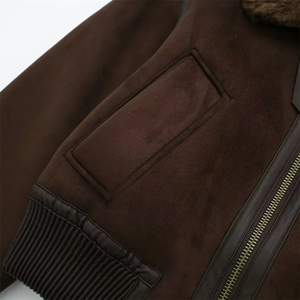 Women's Cropped Suede-Look Bomber Jacket with Plush shearling-style Collar