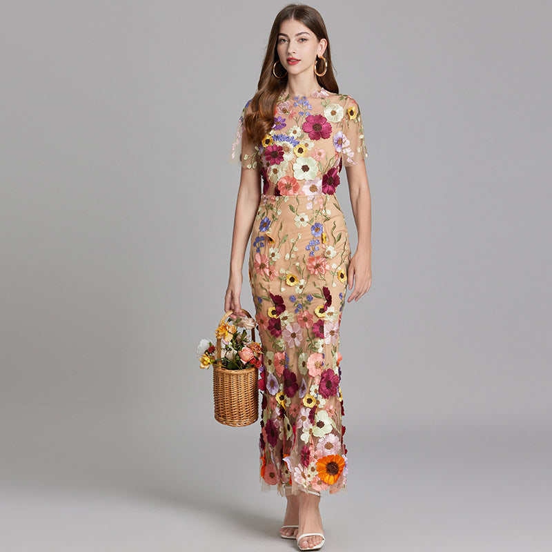 3D Floral Appliqué Wedding Guest Midi Dress