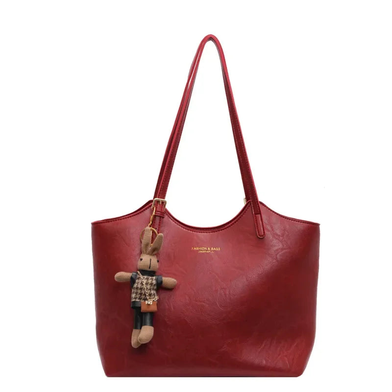 Vintage Style Vegan Leather Tote – Women's Shoulder Bag with Charm