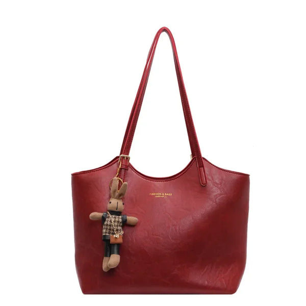 Vintage Style Vegan Leather Tote – Women's Shoulder Bag with Charm