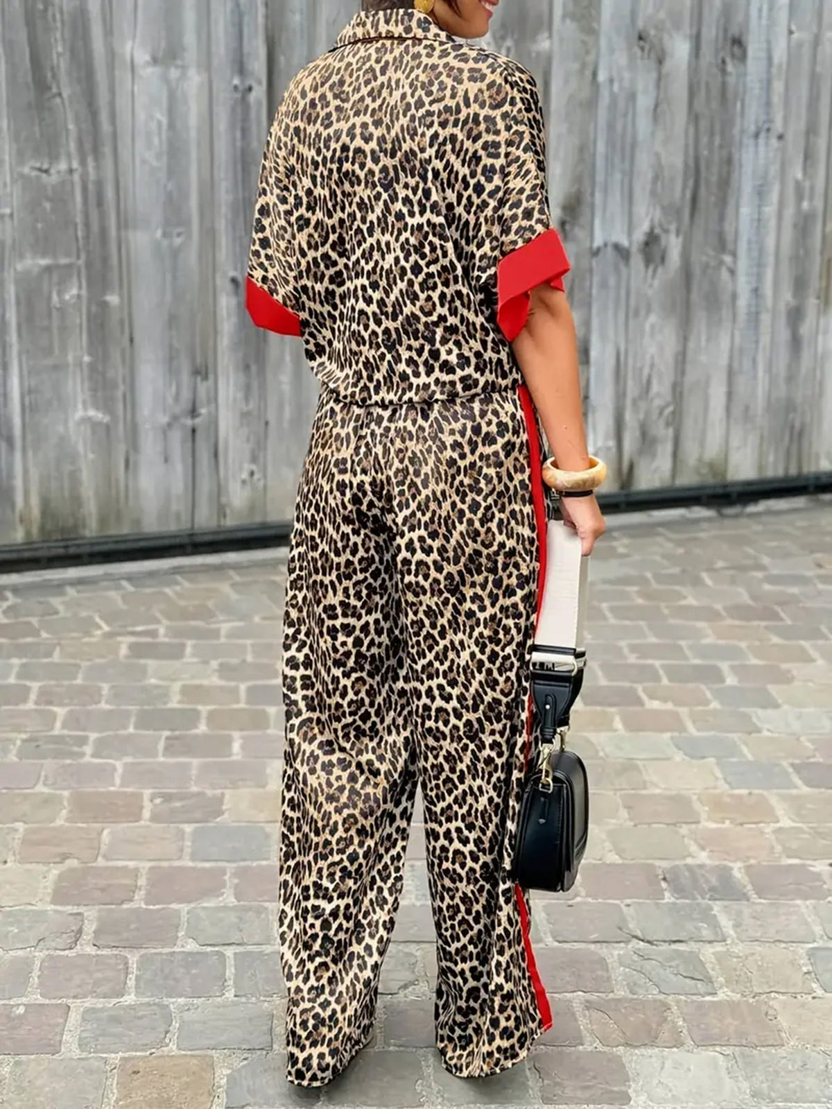 Women's Printed Short Sleeve Button-Up Shirt and Wide Leg Trouser Set