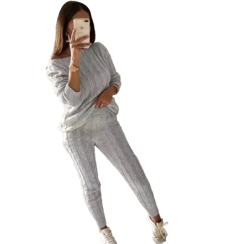 Women's Cable Knit Jumper and Jogger Set with Wide Neckline
