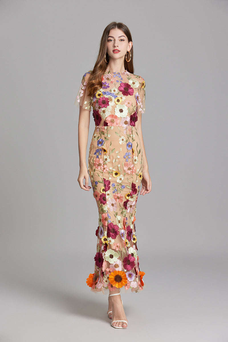 3D Floral Appliqué Wedding Guest Midi Dress