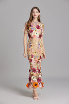 3D Floral Appliqué Wedding Guest Midi Dress