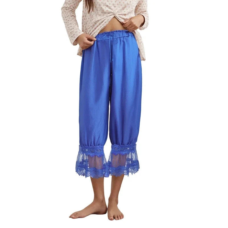 Lace-Patchwork Cropped Bloomers with Drawstring Waist