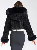 Women's Elegant Cropped Faux Fur Jacket – Plush Oversized Hood