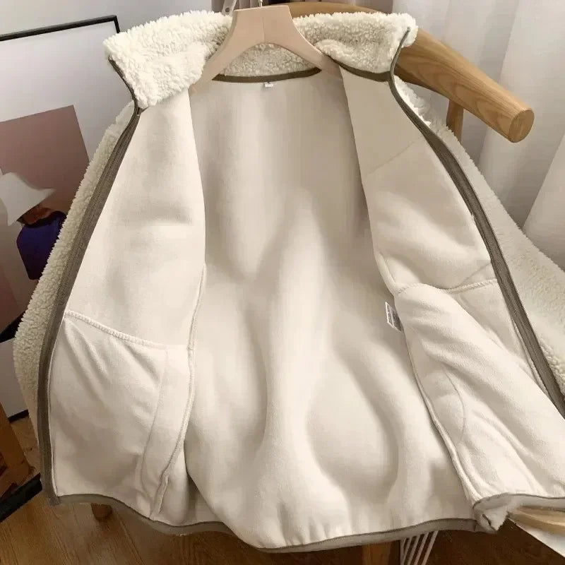 Teddy Coat with High Collar & Zip Pocket – Minimalist Warm Teddy Jacket