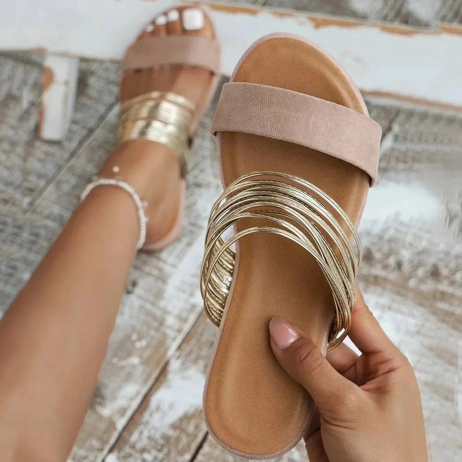 Metallic Strap Orthopedic Slide Sandals