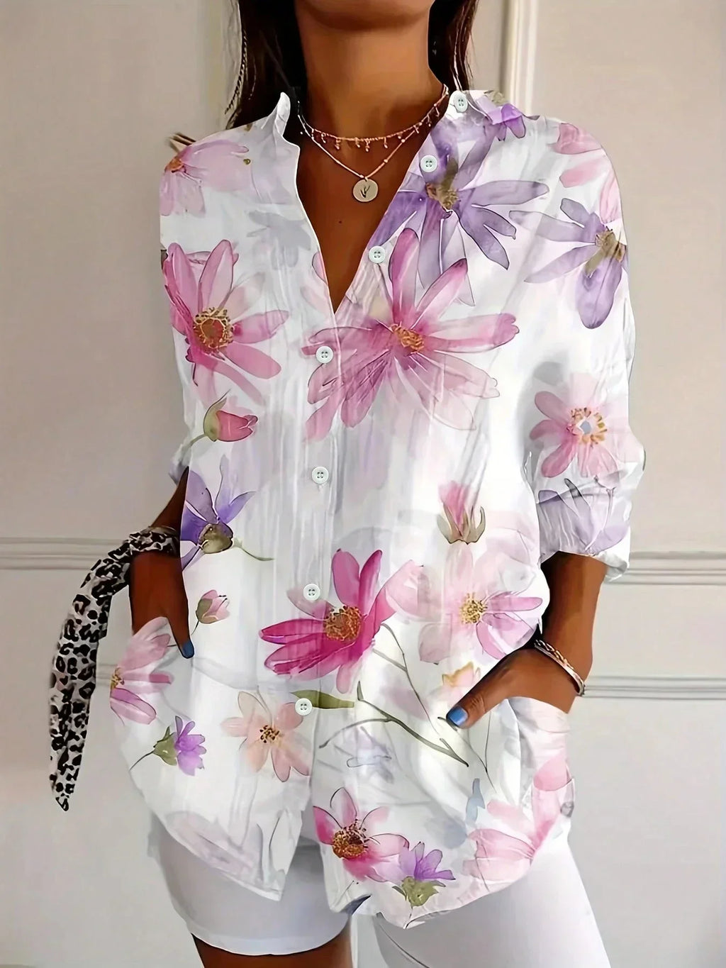 Colourful Painterly Floral Button-Up Blouse