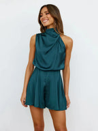 Satin Halter Playsuit with High Waist Shorts – Elegant Summer Playsuit