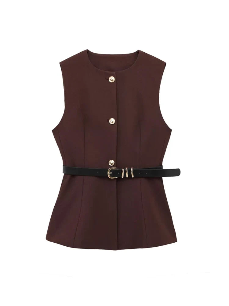 Gold Button Longline Waistcoat – Belted Statement Vest | Meave & Ivy