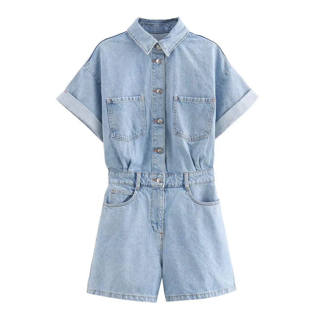 Denim Utility Playsuit with Chest Pockets – Women's Short Boilersuit