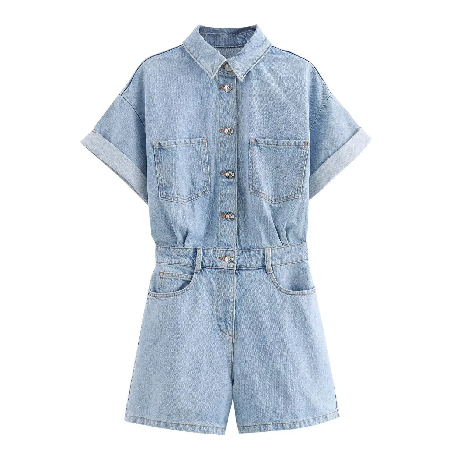Denim Utility Playsuit with Chest Pockets – Women's Short Boilersuit