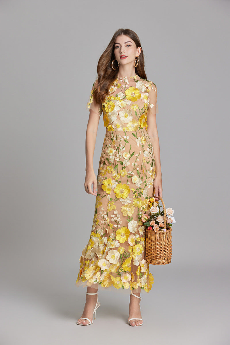 3D Floral Appliqué Wedding Guest Midi Dress