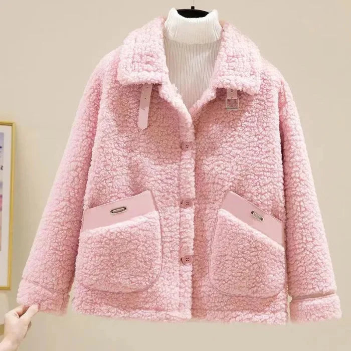 Women's Oversized Teddy Jacket with Buckle Collar and Contrast Pocket Trim