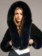 Women's Elegant Cropped Faux Fur Jacket – Plush Oversized Hood
