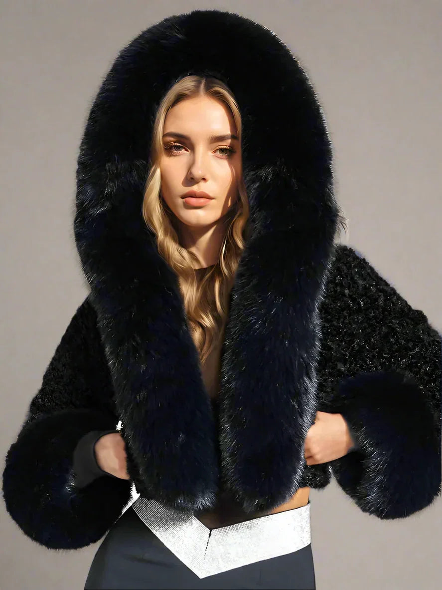 Women's Elegant Cropped Faux Fur Jacket – Plush Oversized Hood
