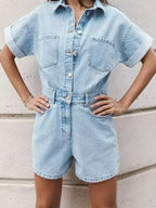 Denim Utility Playsuit with Chest Pockets – Women's Short Boilersuit