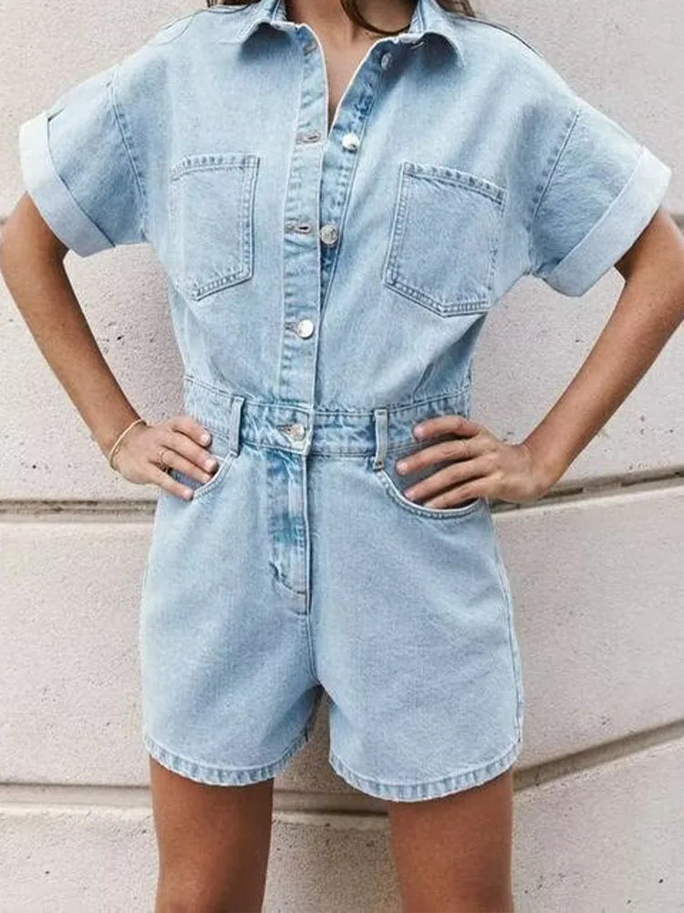 Denim Utility Playsuit with Chest Pockets – Women's Short Boilersuit