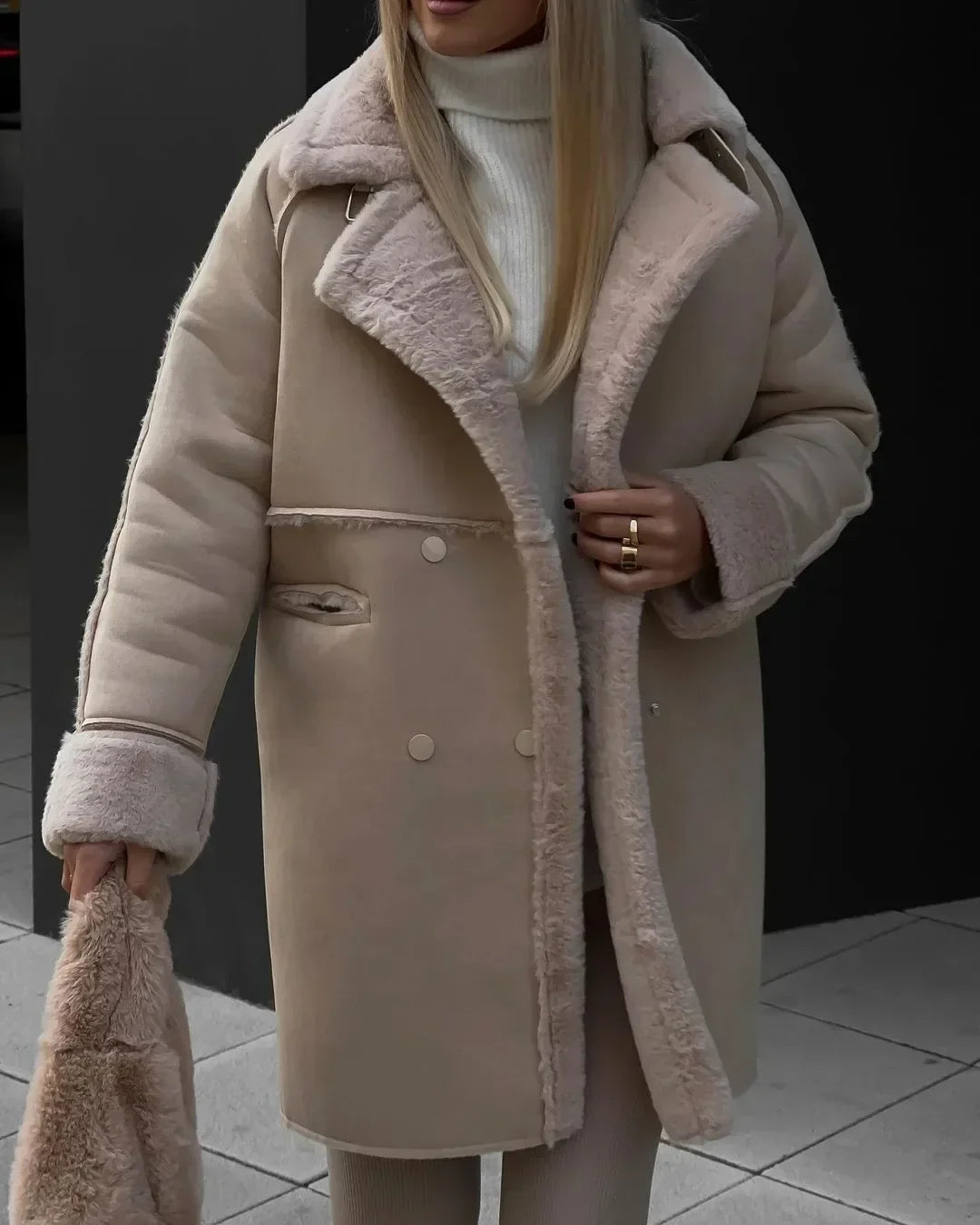 Women's Long Faux Fur Lined Winter Coat with Oversized Lapel Collar