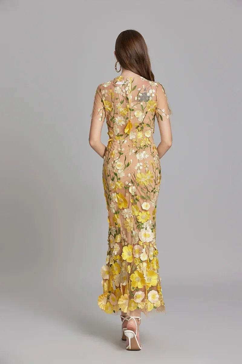 3D Floral Appliqué Wedding Guest Midi Dress