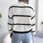 Women's Striped Knitted Sweater with Ribbed High Neck and Contrast Cuffs