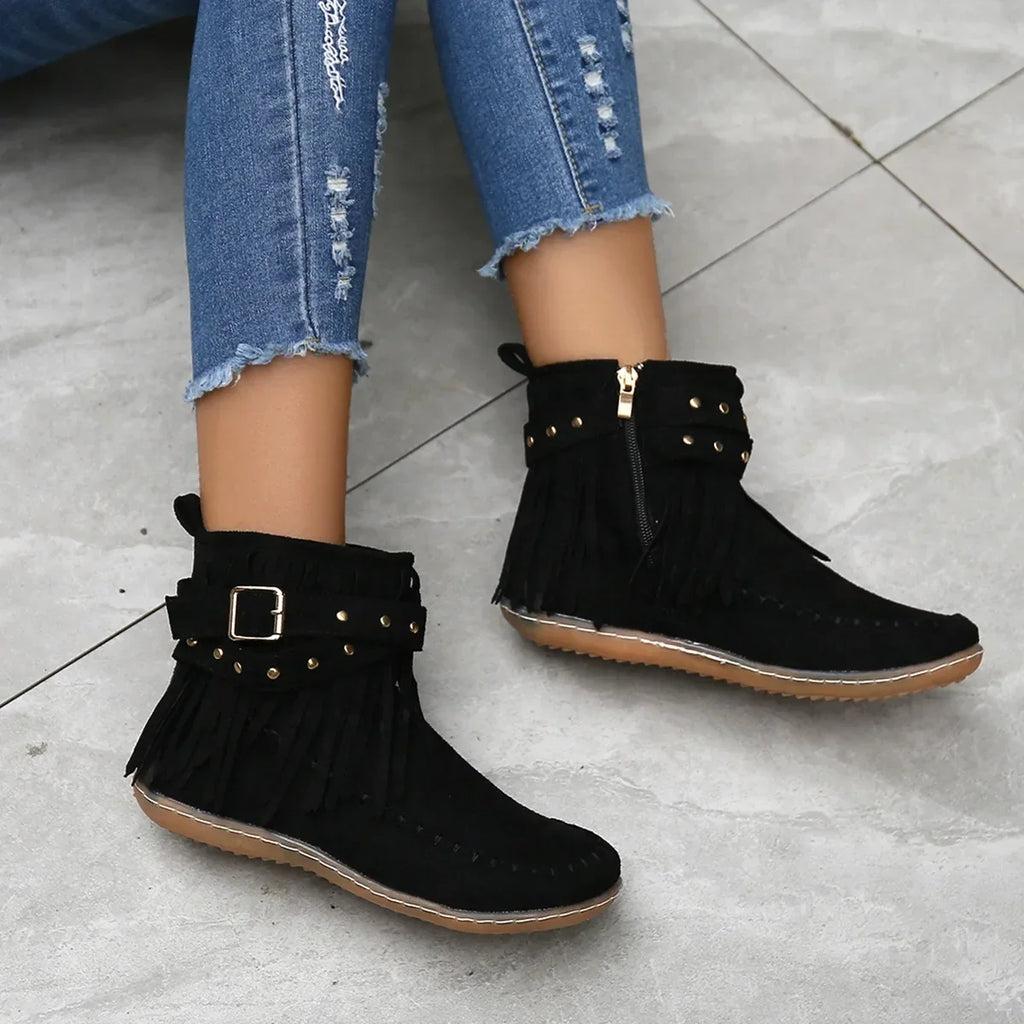 Suede Look Ankle Boots with Fringe & Studs – Western Boho Boots