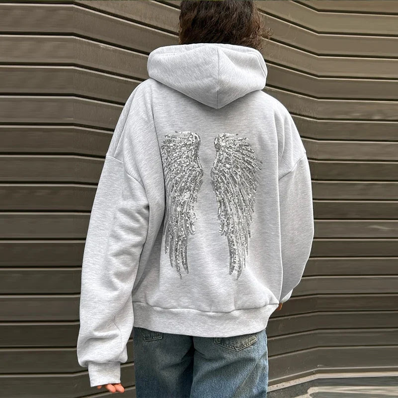 Grey Hoodie with Sequin Angel Wings – Sparkle Back Print Hoodie