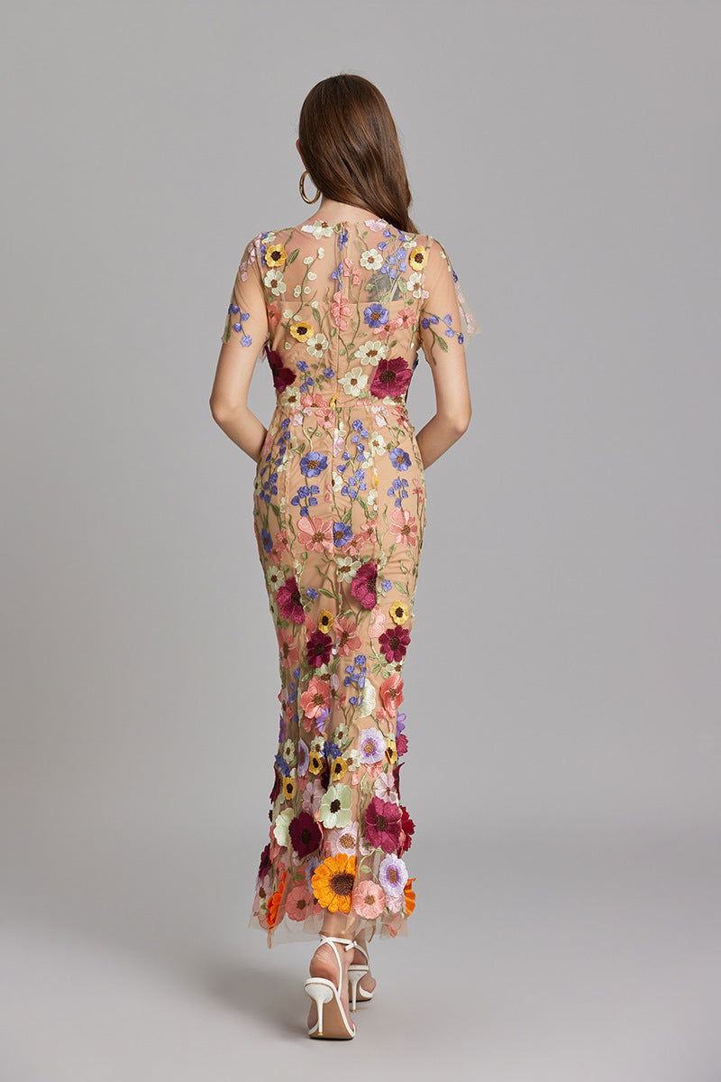 3D Floral Appliqué Wedding Guest Midi Dress