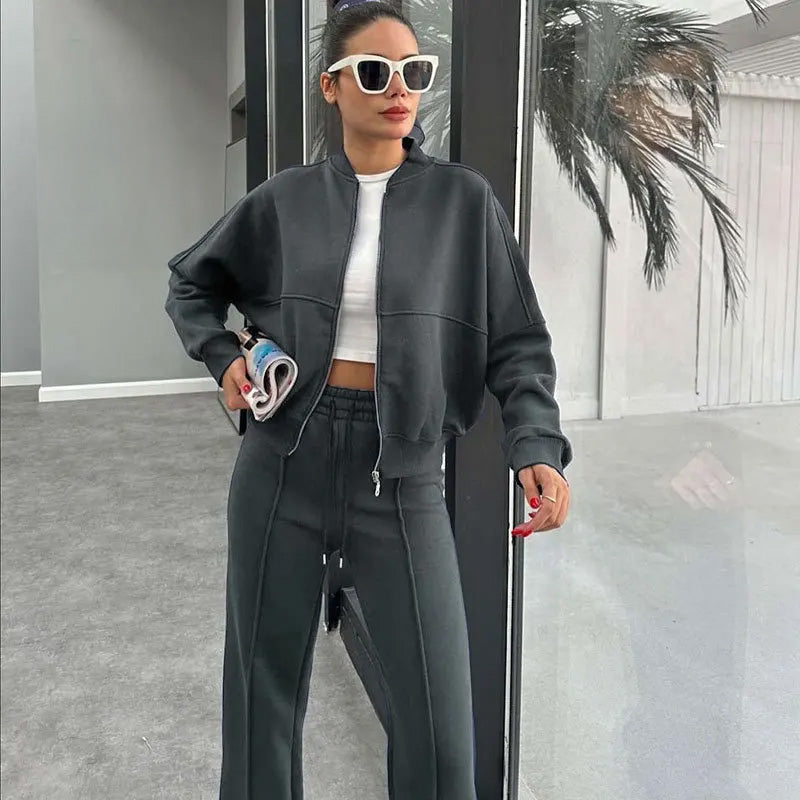 Women's Two-Piece Tracksuit Set with Cropped Zip-Up Bomber Jacket