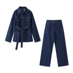 Women's Belted Denim Jacket and Wide-Leg Trousers Set