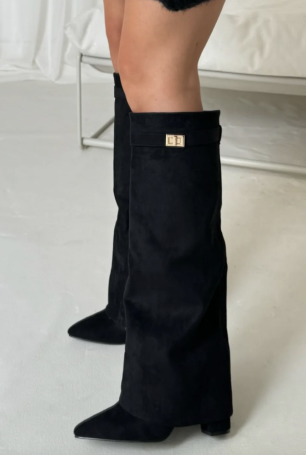 Knee High Boots with Pointed Toe & Straight Shaft – Suede & Leather